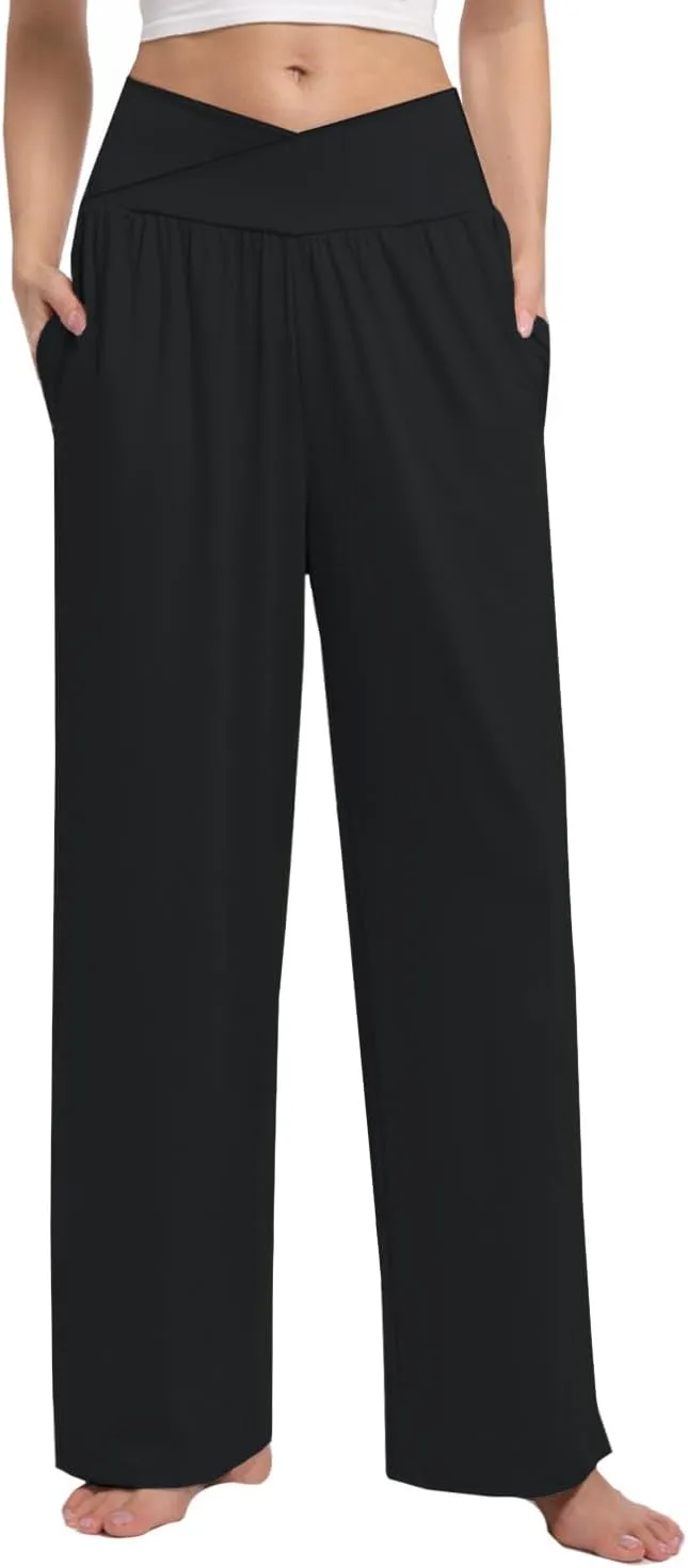 3 Pack Womens Wide Leg Yoga Pants Crossover High Waisted Casual Loose Lounge Sweatpants with Pockets