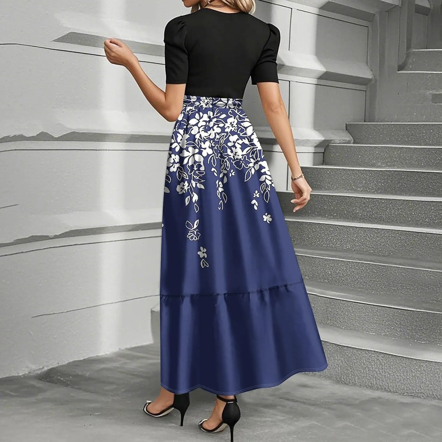 ADHOWBEW Dresses for Women 2025 Smocked Waist Tie Short Sleeve Round Neck Homecoming Dress