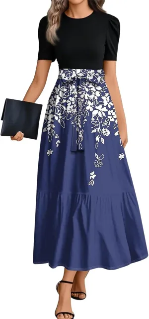 ADHOWBEW Dresses for Women 2025 Smocked Waist Tie Short Sleeve Round Neck Homecoming Dress