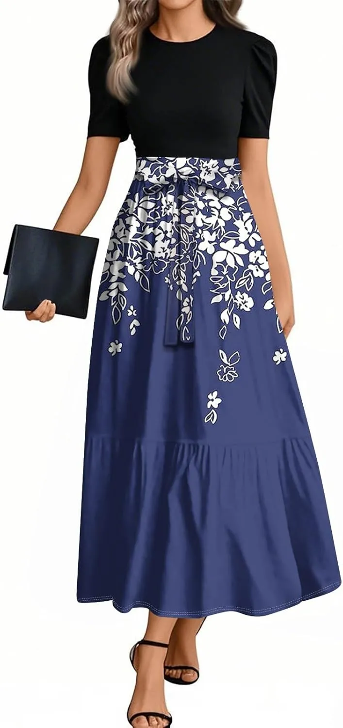 ADHOWBEW Dresses for Women 2025 Smocked Waist Tie Short Sleeve Round Neck Homecoming Dress