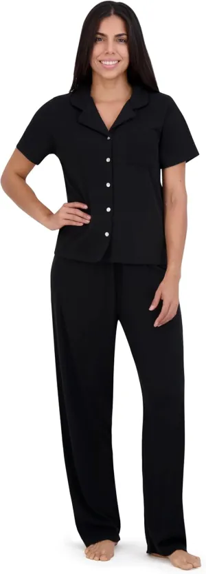 Aerosoles Women's Notch Collar Cozy Pjs 2 Piece Cozy Cooling Cotton Button-up Pajama Set