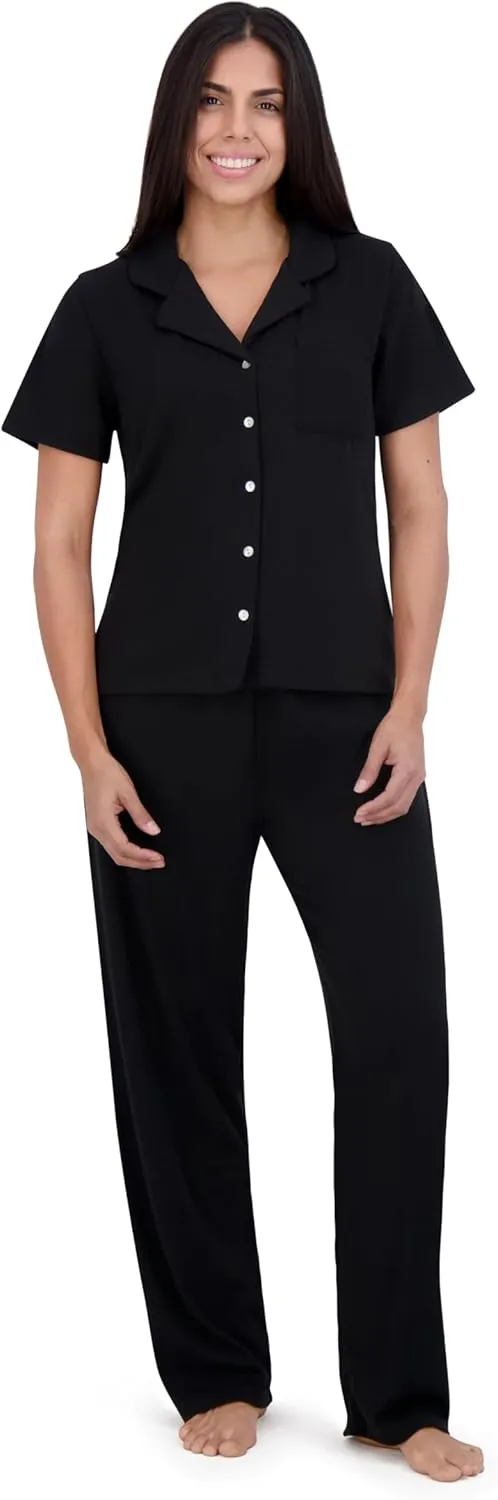 Aerosoles Women's Notch Collar Cozy Pjs 2 Piece Cozy Cooling Cotton Button-up Pajama Set