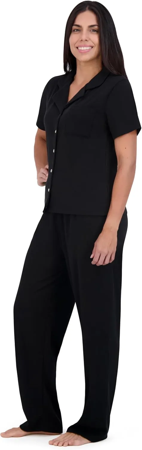 Aerosoles Women's Notch Collar Cozy Pjs 2 Piece Cozy Cooling Cotton Button-up Pajama Set