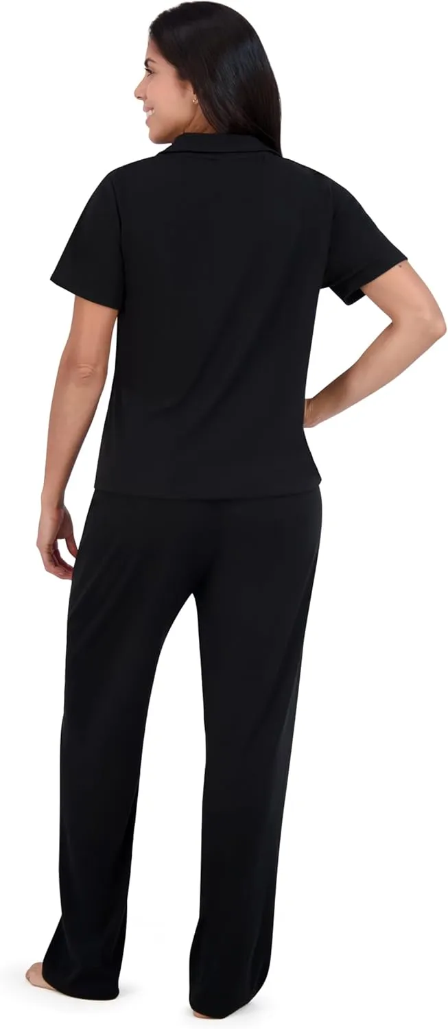 Aerosoles Women's Notch Collar Cozy Pjs 2 Piece Cozy Cooling Cotton Button-up Pajama Set