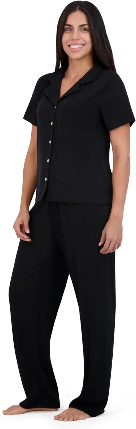 Aerosoles Women's Notch Collar Cozy Pjs 2 Piece Cozy Cooling Cotton Button-up Pajama Set