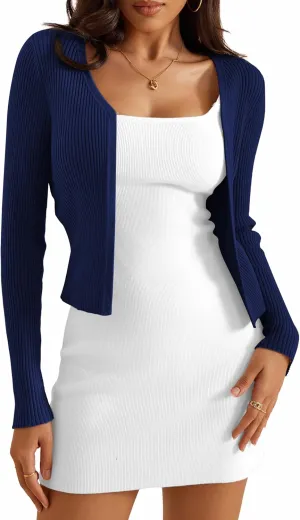 a.Jesdani Women's Shrug Sweaters Open Front Long Sleeve Rib Knit Bolero Open Front Cropped Cardigan S-1X