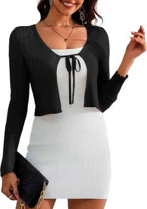 a.Jesdani Women's Shrug Sweaters Tie Front Long Sleeve Rib Knit Bolero Open Front Cropped Cardigan S-1X