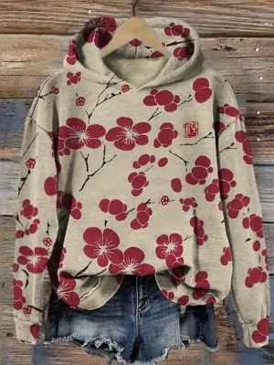 Akivide Womens Boho Fleece Long Sleeve Hoodies Casual Floral Print Hooded Sweatshirt Oversized Vintage Thick Pullover Tops