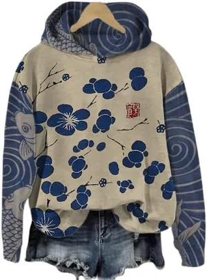 Akivide Womens Boho Fleece Long Sleeve Hoodies Casual Floral Print Hooded Sweatshirt Oversized Vintage Thick Pullover Tops