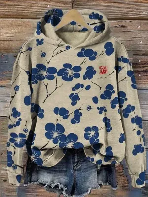 Akivide Womens Boho Fleece Long Sleeve Hoodies Casual Floral Print Hooded Sweatshirt Oversized Vintage Thick Pullover Tops