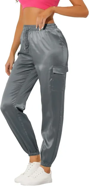 Allegra K Women's Satin Joggers Drawstring Elastic Athleisure Pants High Waist Shiny Silky Satin Cargo Pants