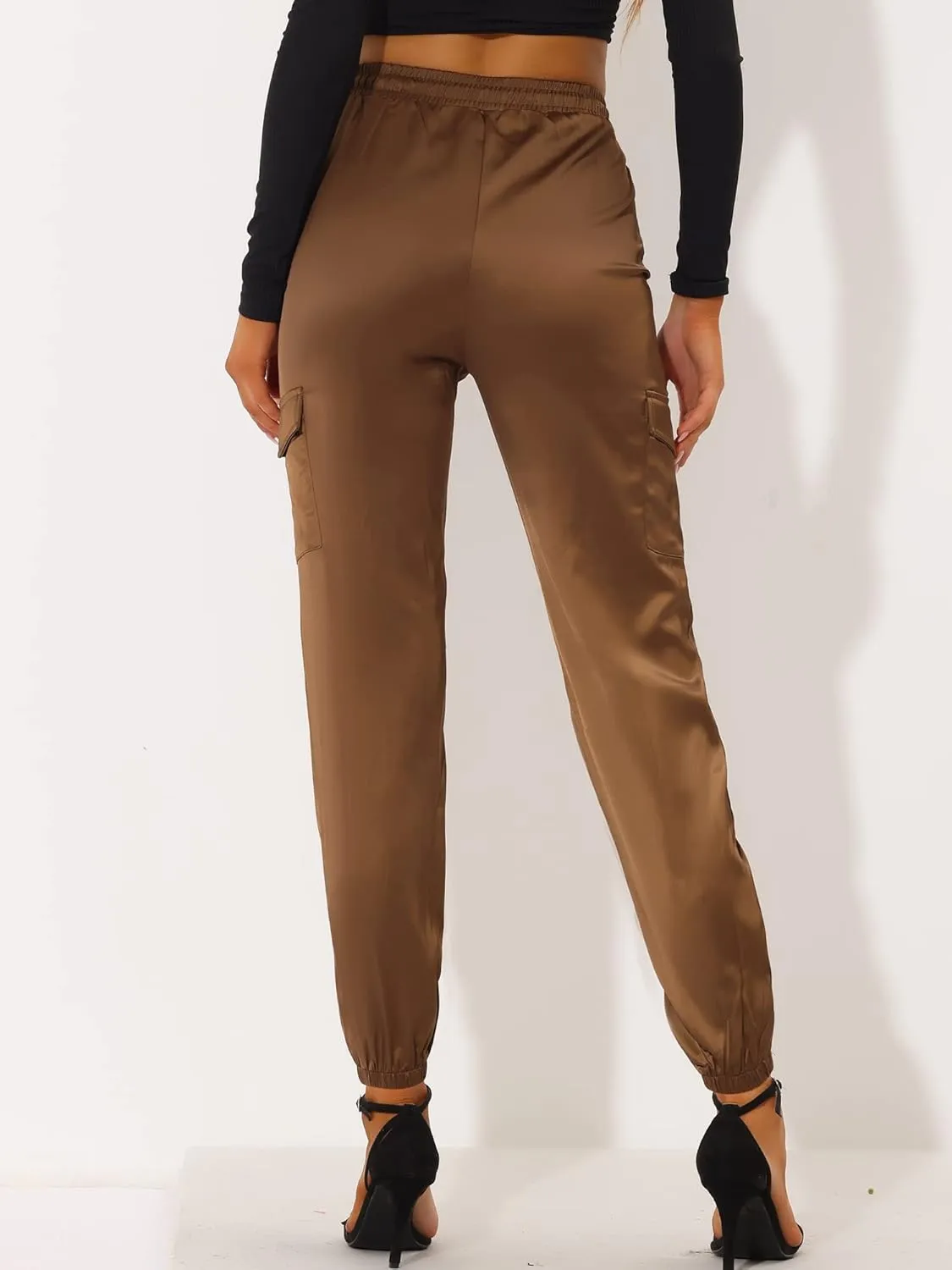 Allegra K Women's Satin Joggers Drawstring Elastic Athleisure Pants High Waist Shiny Silky Satin Cargo Pants
