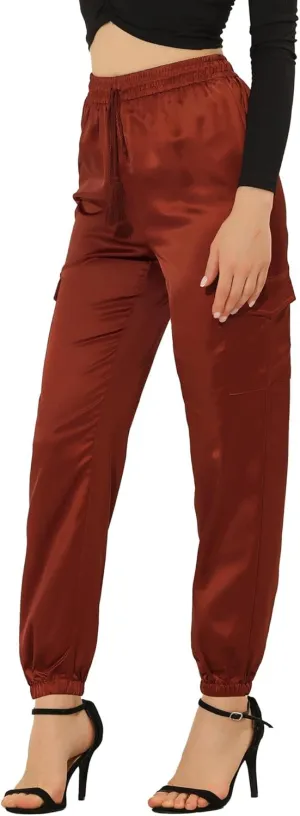 Allegra K Women's Satin Joggers Drawstring Elastic Athleisure Pants High Waist Shiny Silky Satin Cargo Pants
