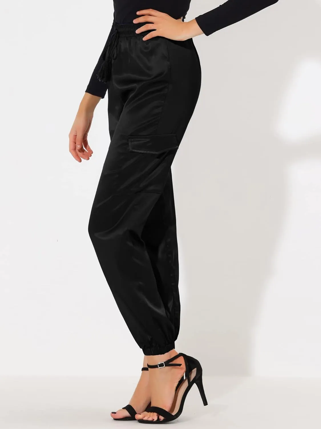 Allegra K Women's Satin Joggers Drawstring Elastic Athleisure Pants High Waist Shiny Silky Satin Cargo Pants