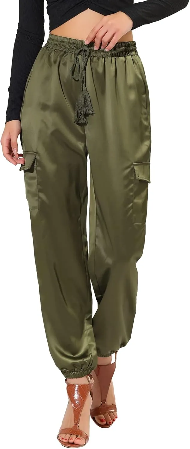 Allegra K Women's Satin Joggers Drawstring Elastic Athleisure Pants High Waist Shiny Silky Satin Cargo Pants