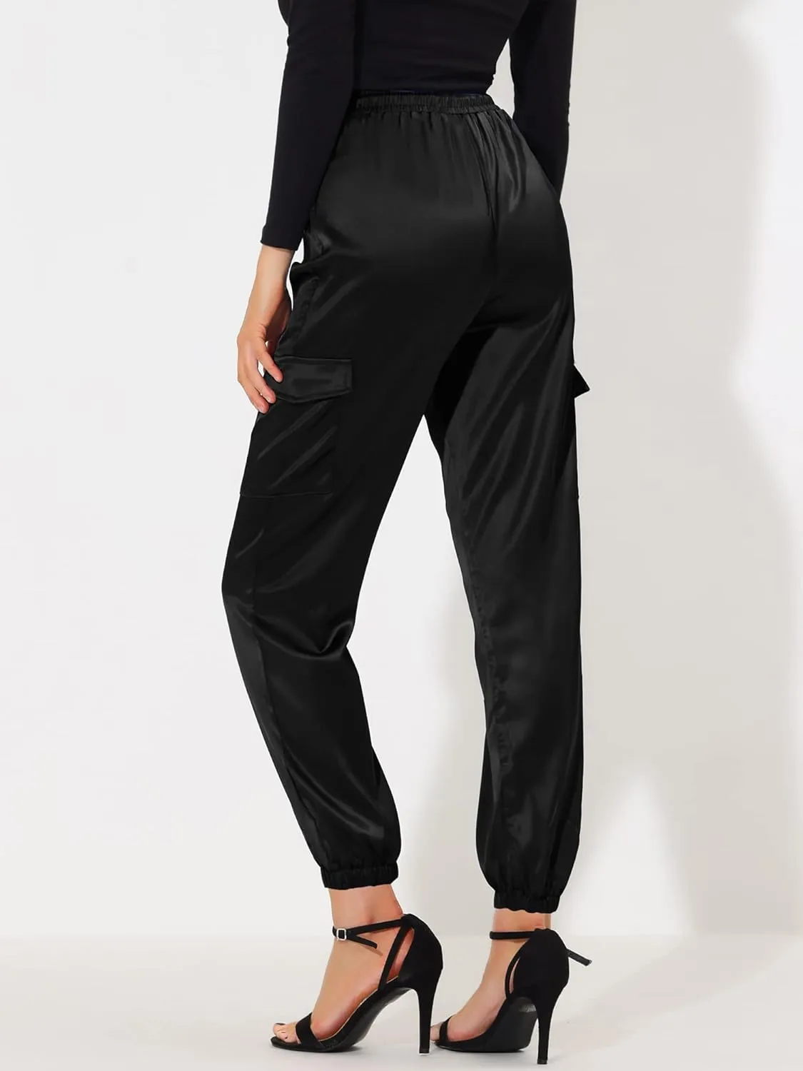 Allegra K Women's Satin Joggers Drawstring Elastic Athleisure Pants High Waist Shiny Silky Satin Cargo Pants