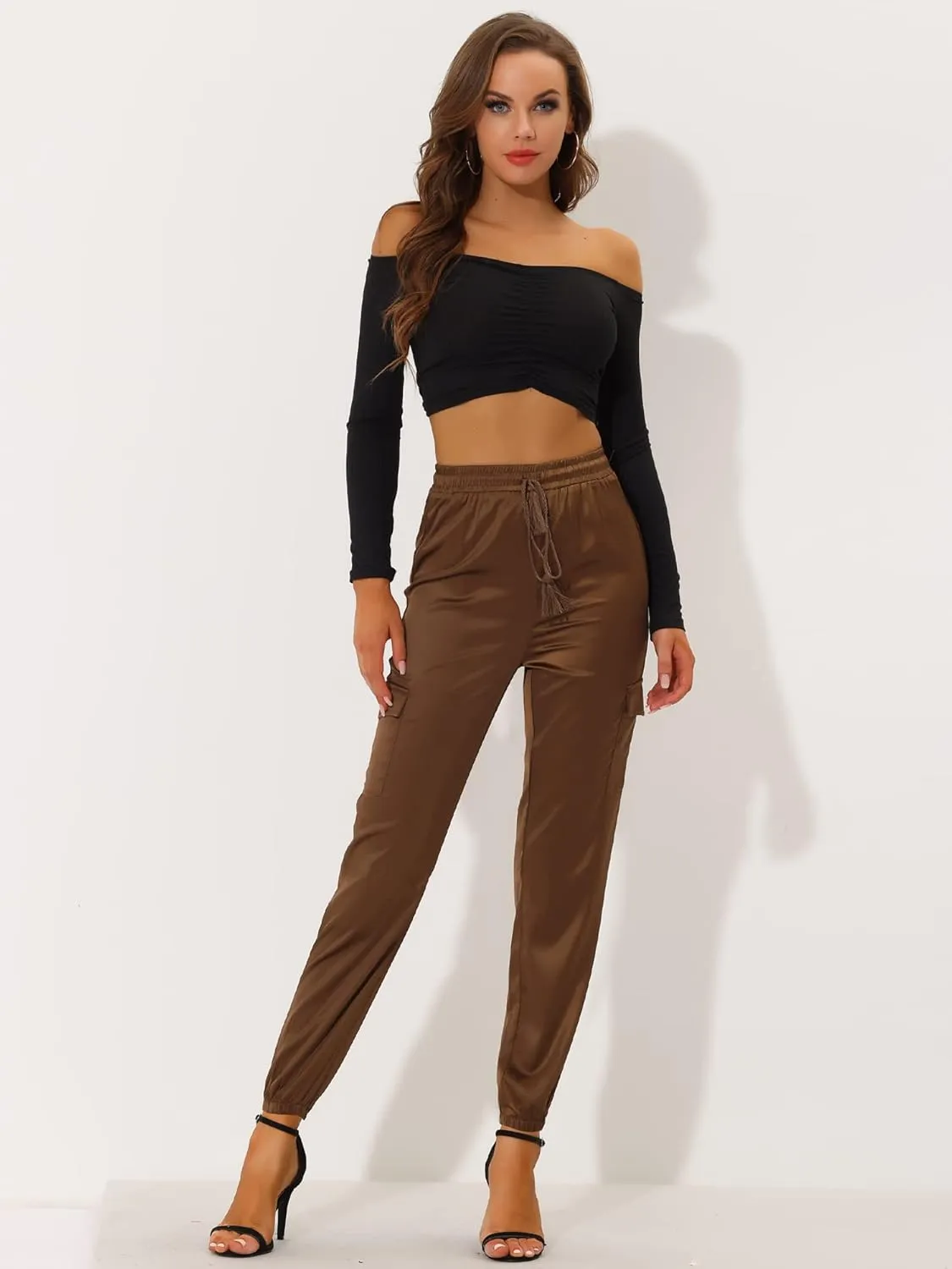 Allegra K Women's Satin Joggers Drawstring Elastic Athleisure Pants High Waist Shiny Silky Satin Cargo Pants