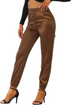 Allegra K Women's Satin Joggers Drawstring Elastic Athleisure Pants High Waist Shiny Silky Satin Cargo Pants
