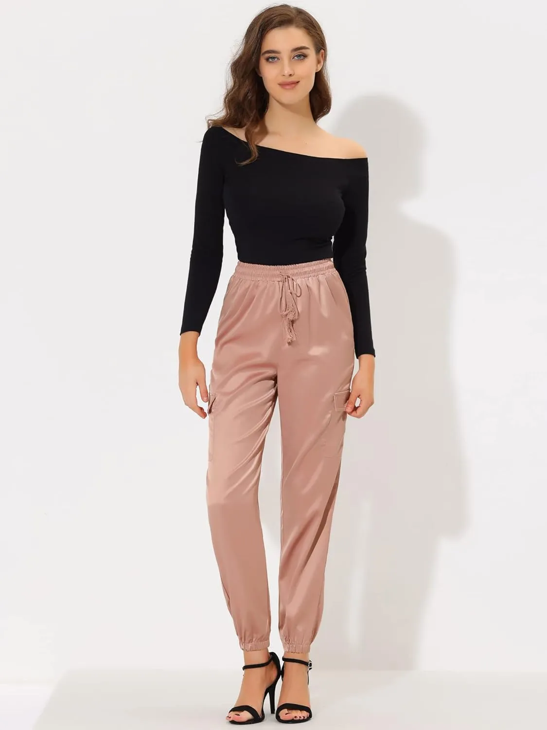 Allegra K Women's Satin Joggers Drawstring Elastic Athleisure Pants High Waist Shiny Silky Satin Cargo Pants