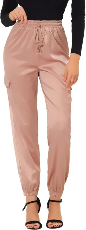 Allegra K Women's Satin Joggers Drawstring Elastic Athleisure Pants High Waist Shiny Silky Satin Cargo Pants