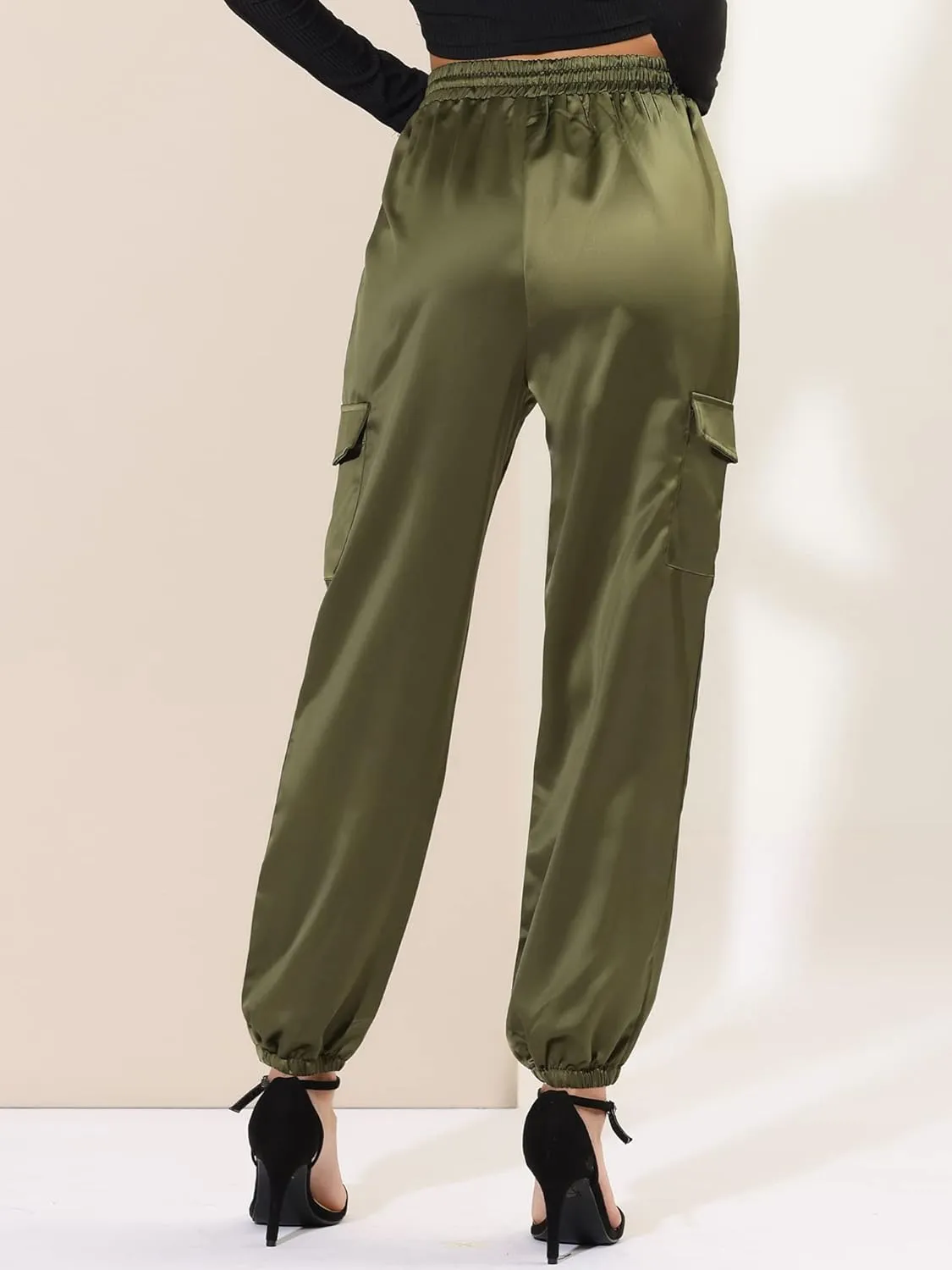 Allegra K Women's Satin Joggers Drawstring Elastic Athleisure Pants High Waist Shiny Silky Satin Cargo Pants