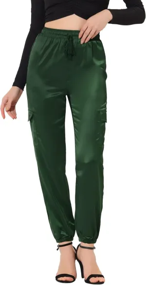 Allegra K Women's Satin Joggers Drawstring Elastic Athleisure Pants High Waist Shiny Silky Satin Cargo Pants