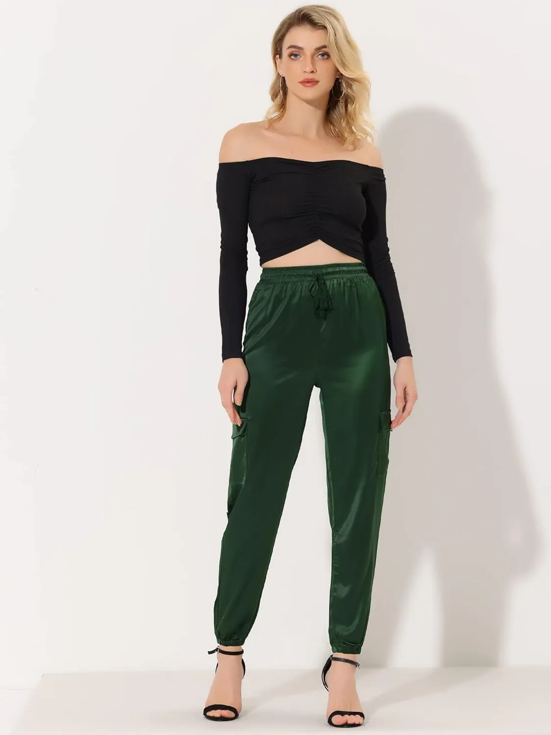 Allegra K Women's Satin Joggers Drawstring Elastic Athleisure Pants High Waist Shiny Silky Satin Cargo Pants