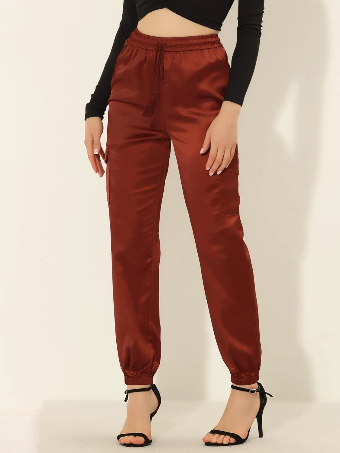 Allegra K Women's Satin Joggers Drawstring Elastic Athleisure Pants High Waist Shiny Silky Satin Cargo Pants