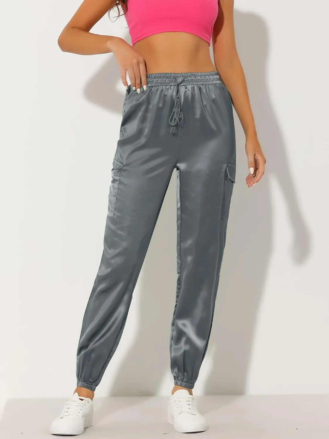 Allegra K Women's Satin Joggers Drawstring Elastic Athleisure Pants High Waist Shiny Silky Satin Cargo Pants