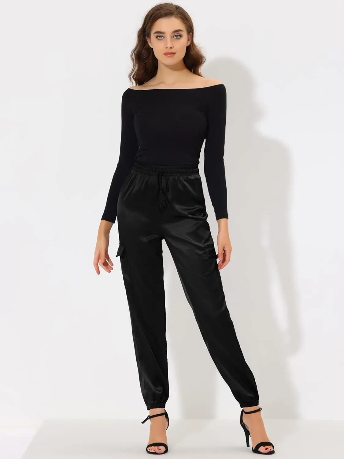 Allegra K Women's Satin Joggers Drawstring Elastic Athleisure Pants High Waist Shiny Silky Satin Cargo Pants