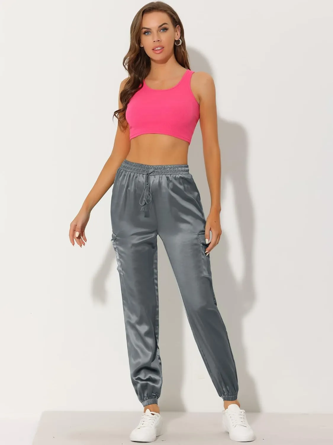 Allegra K Women's Satin Joggers Drawstring Elastic Athleisure Pants High Waist Shiny Silky Satin Cargo Pants