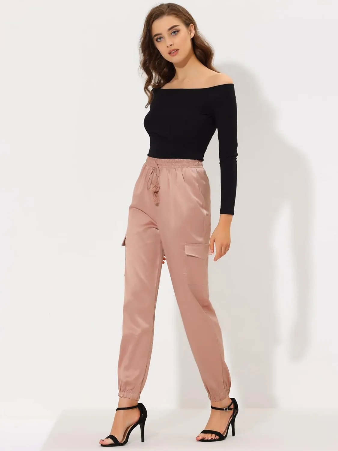 Allegra K Women's Satin Joggers Drawstring Elastic Athleisure Pants High Waist Shiny Silky Satin Cargo Pants