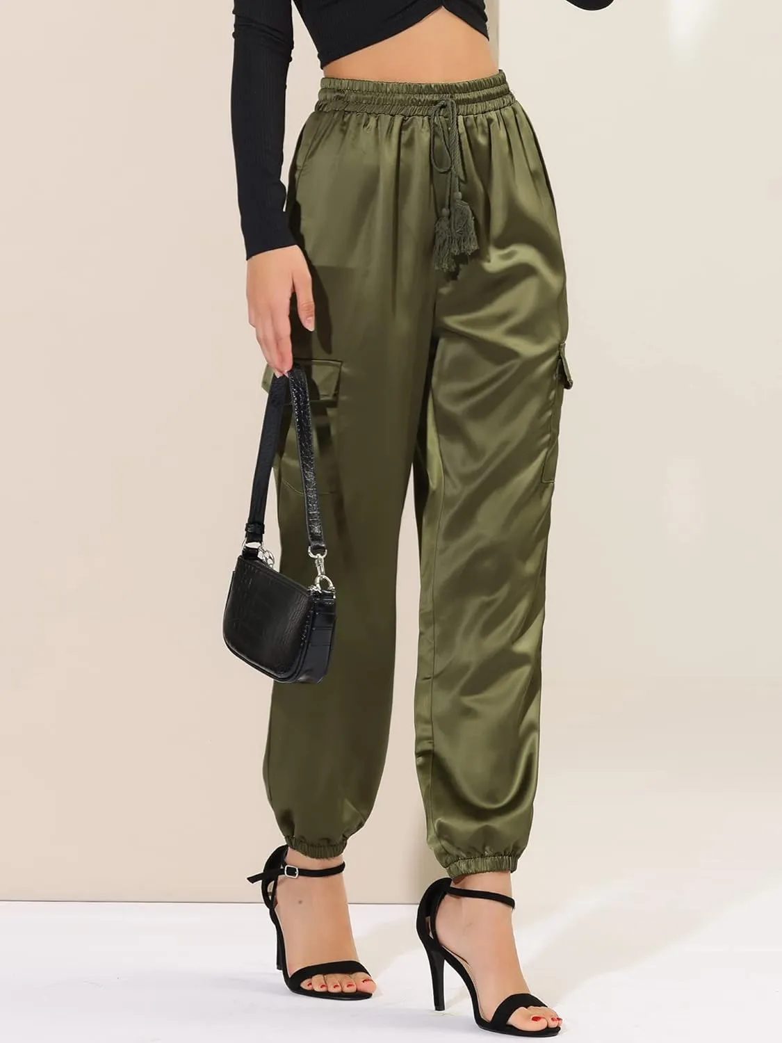 Allegra K Women's Satin Joggers Drawstring Elastic Athleisure Pants High Waist Shiny Silky Satin Cargo Pants
