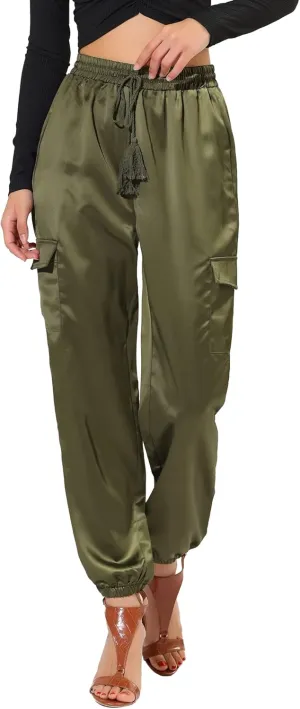 Allegra K Women's Satin Joggers Drawstring Elastic Athleisure Pants High Waist Shiny Silky Satin Cargo Pants