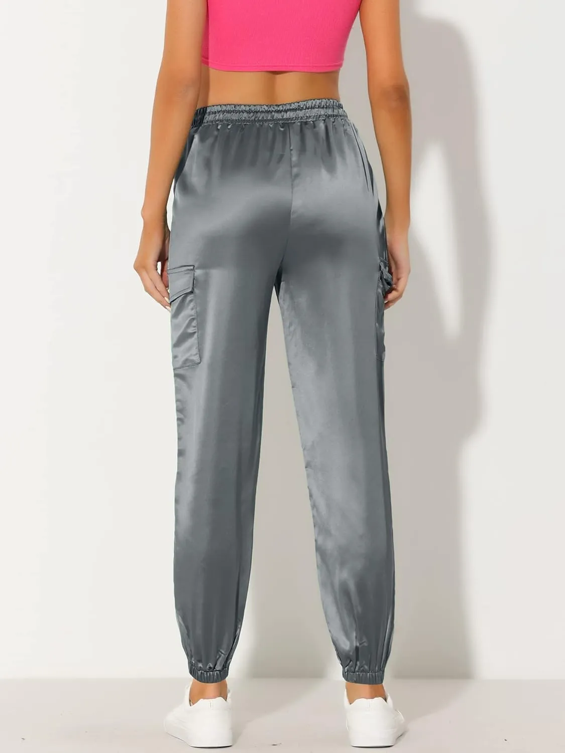 Allegra K Women's Satin Joggers Drawstring Elastic Athleisure Pants High Waist Shiny Silky Satin Cargo Pants