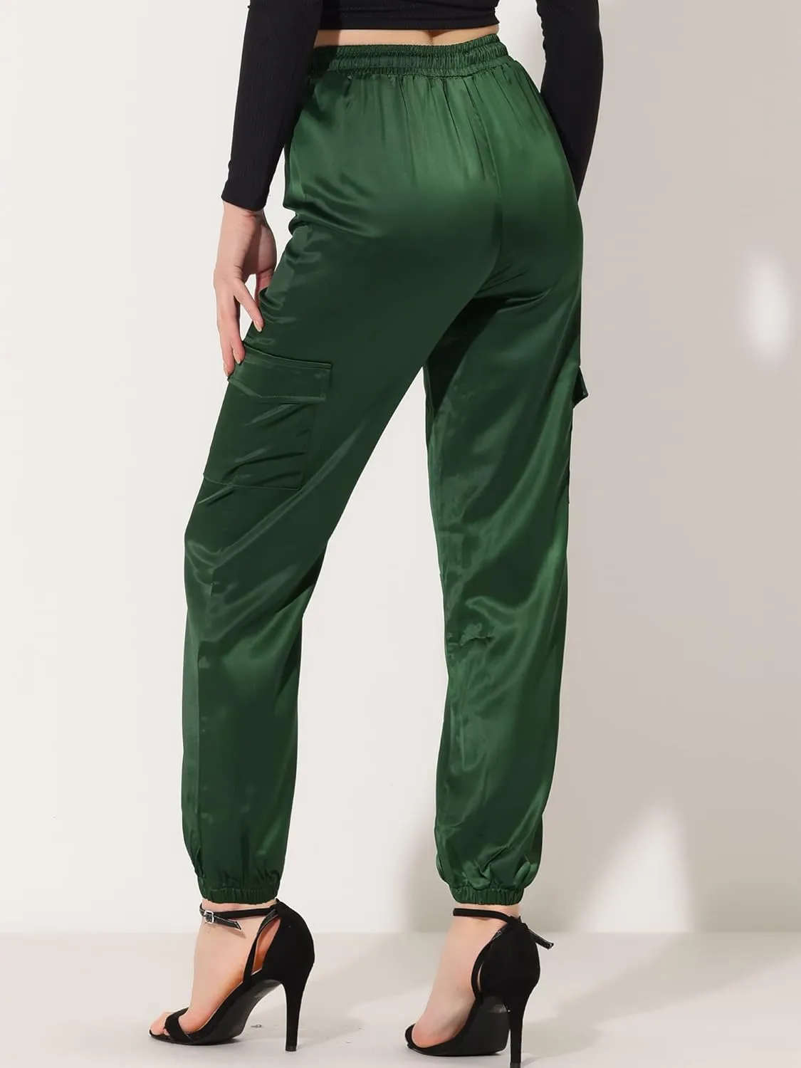 Allegra K Women's Satin Joggers Drawstring Elastic Athleisure Pants High Waist Shiny Silky Satin Cargo Pants