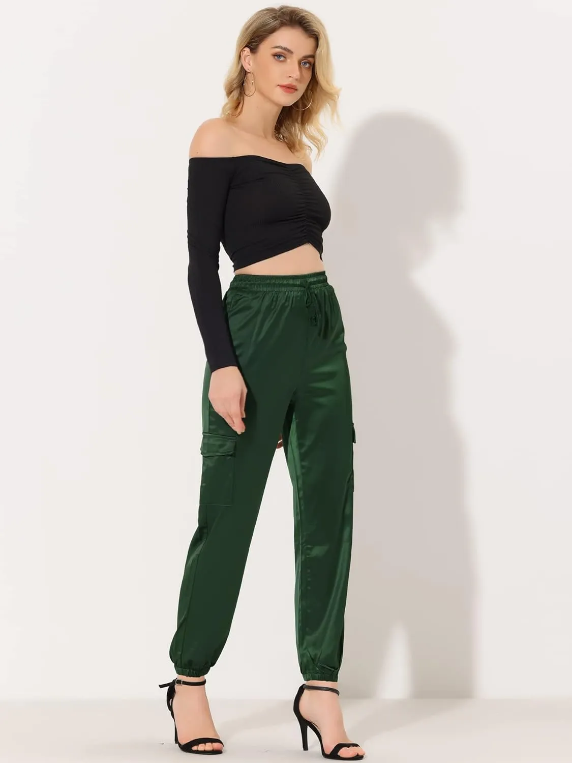 Allegra K Women's Satin Joggers Drawstring Elastic Athleisure Pants High Waist Shiny Silky Satin Cargo Pants