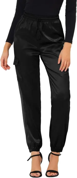 Allegra K Women's Satin Joggers Drawstring Elastic Athleisure Pants High Waist Shiny Silky Satin Cargo Pants