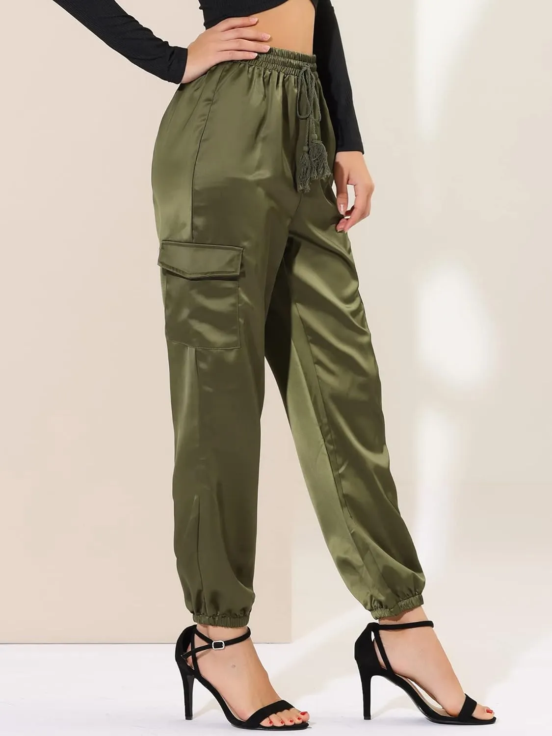 Allegra K Women's Satin Joggers Drawstring Elastic Athleisure Pants High Waist Shiny Silky Satin Cargo Pants