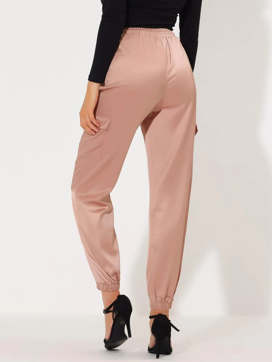 Allegra K Women's Satin Joggers Drawstring Elastic Athleisure Pants High Waist Shiny Silky Satin Cargo Pants