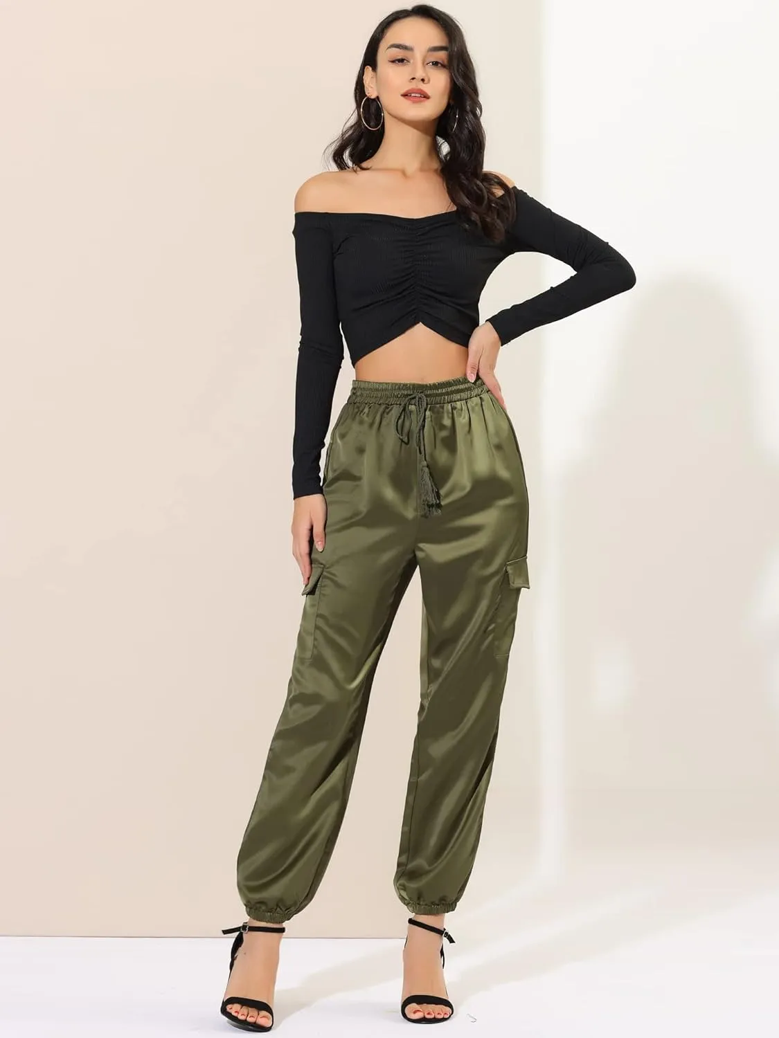 Allegra K Women's Satin Joggers Drawstring Elastic Athleisure Pants High Waist Shiny Silky Satin Cargo Pants
