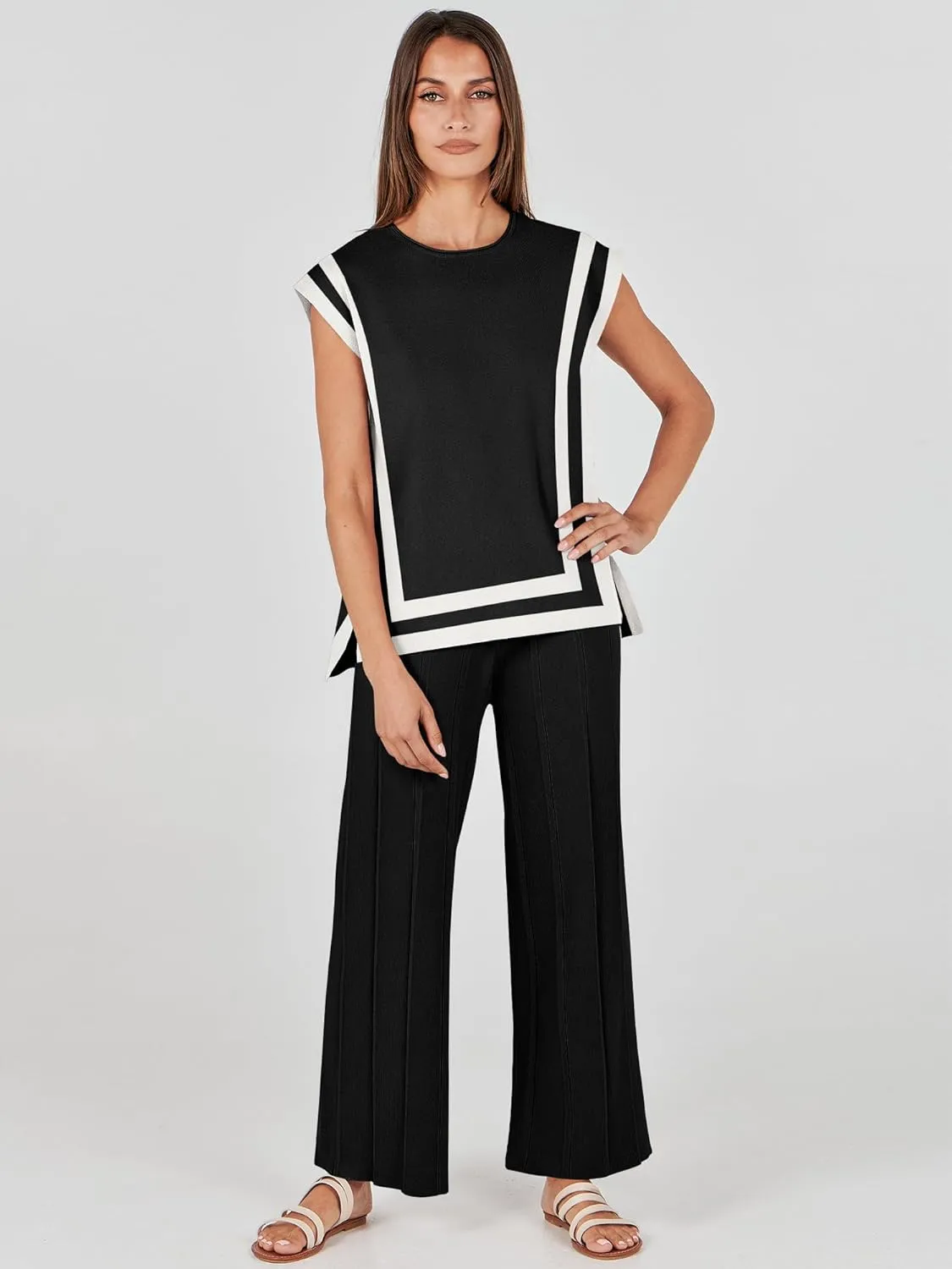 ANRABESS Women 2 Piece Lounge Sets Summer Casual Knit Sweater Vest Pant Set Beach Vacation Airport Outfits Clothes
