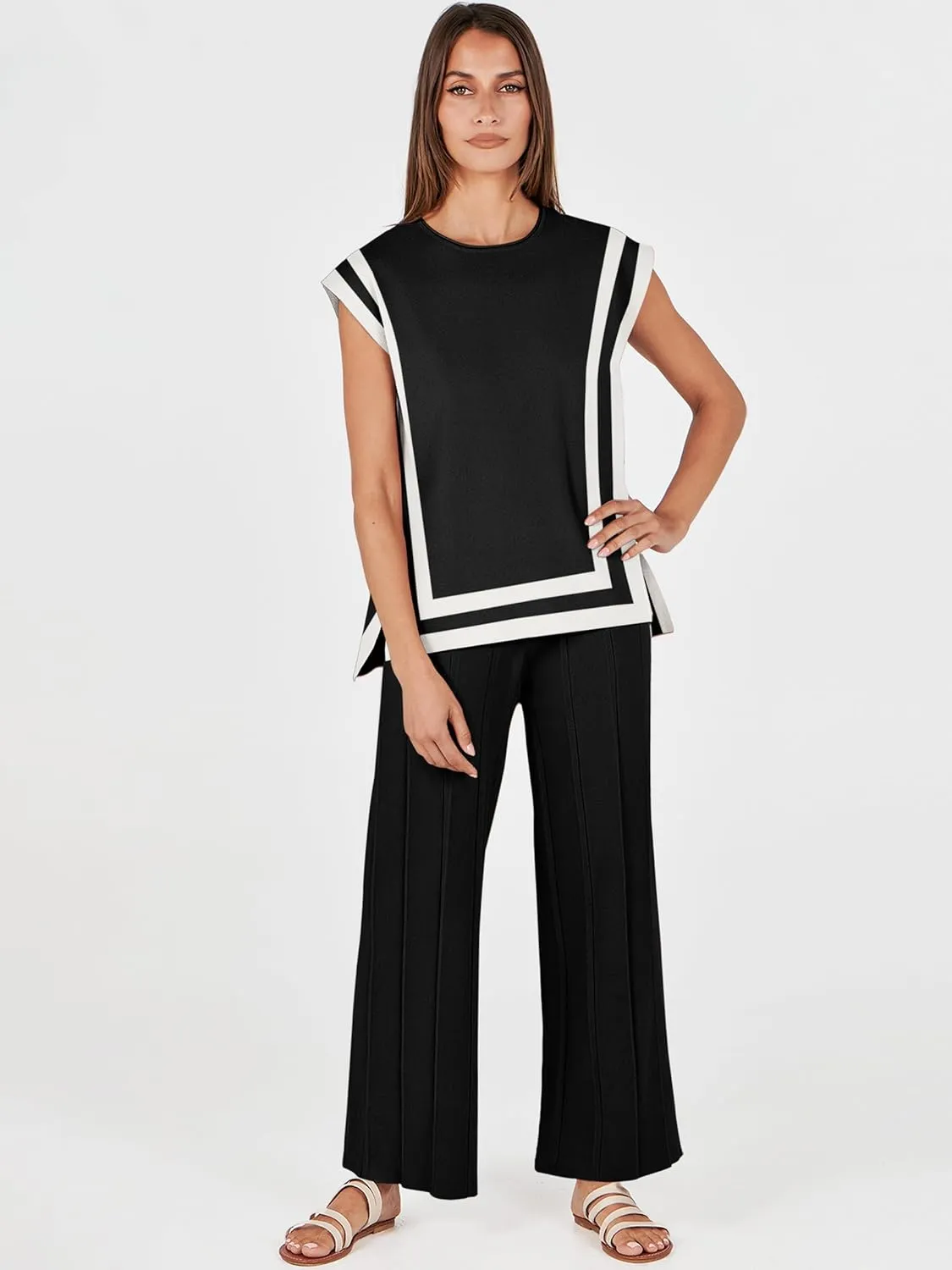 ANRABESS Women 2 Piece Lounge Sets Summer Casual Knit Sweater Vest Pant Set Beach Vacation Airport Outfits Clothes