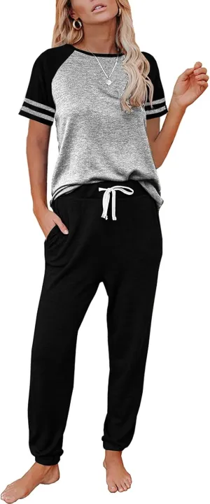 AUTOMET Lounge Sets For Women Two Piece Outfits Loungewear Short Sleeve Crewneck Jogger Pajama Set Sweatpants Tracksuit