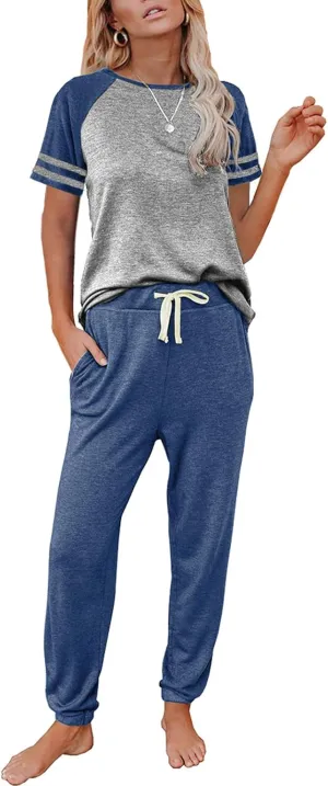 AUTOMET Lounge Sets For Women Two Piece Outfits Loungewear Short Sleeve Crewneck Jogger Pajama Set Sweatpants Tracksuit