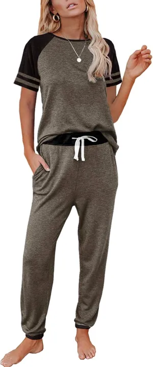 AUTOMET Lounge Sets For Women Two Piece Outfits Loungewear Short Sleeve Crewneck Jogger Pajama Set Sweatpants Tracksuit