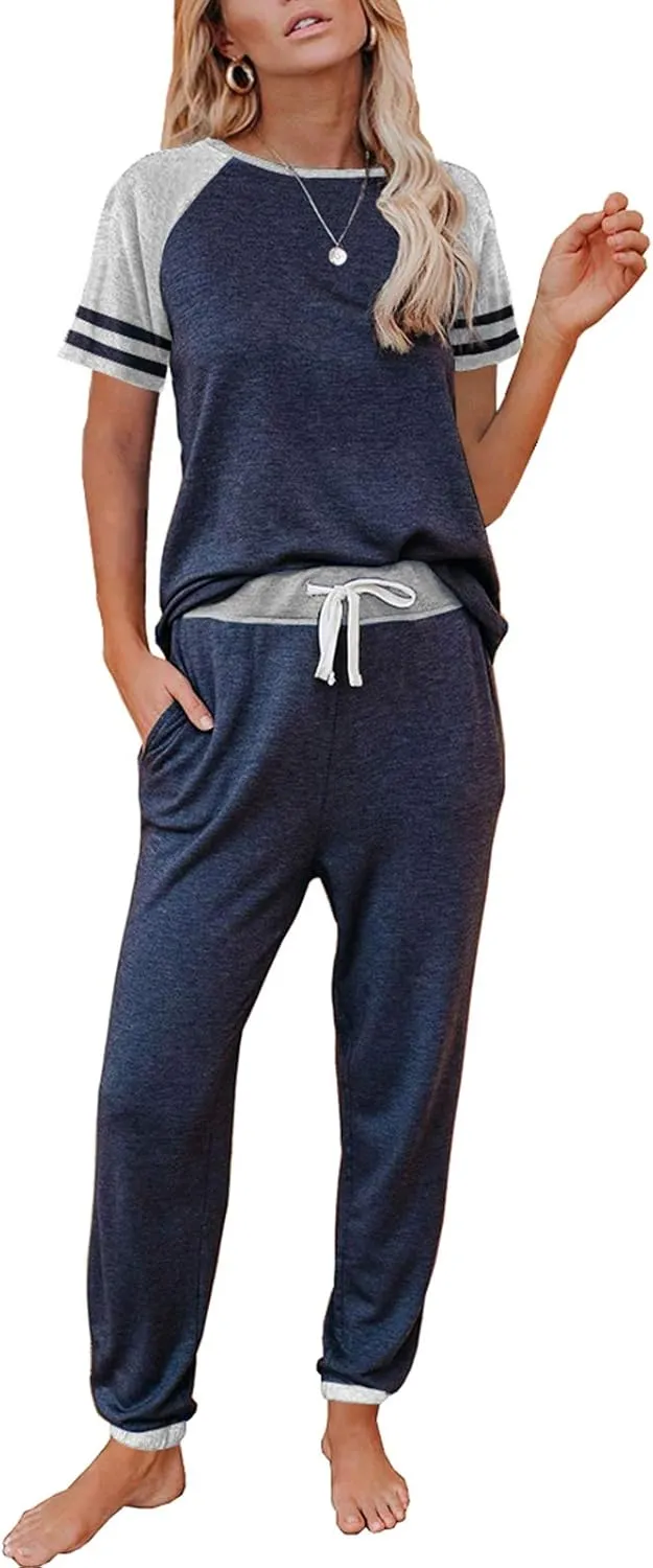 AUTOMET Lounge Sets For Women Two Piece Outfits Loungewear Short Sleeve Crewneck Jogger Pajama Set Sweatpants Tracksuit