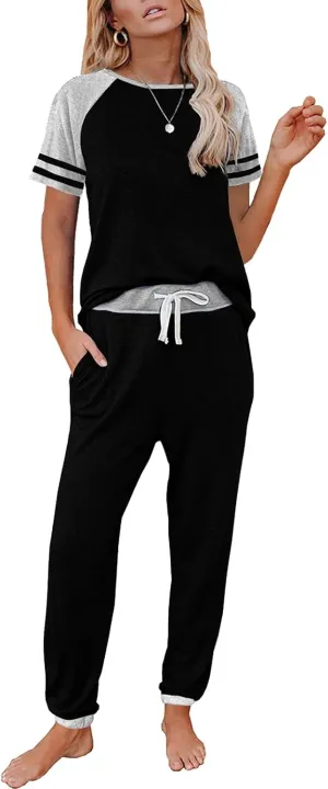 AUTOMET Lounge Sets For Women Two Piece Outfits Loungewear Short Sleeve Crewneck Jogger Pajama Set Sweatpants Tracksuit