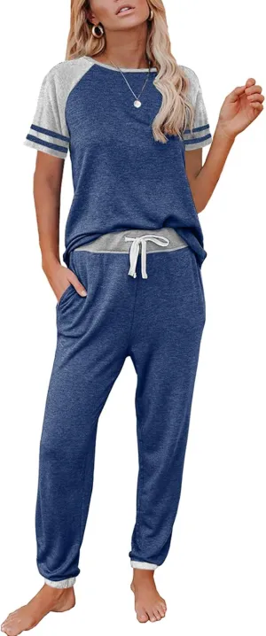 AUTOMET Lounge Sets For Women Two Piece Outfits Loungewear Short Sleeve Crewneck Jogger Pajama Set Sweatpants Tracksuit