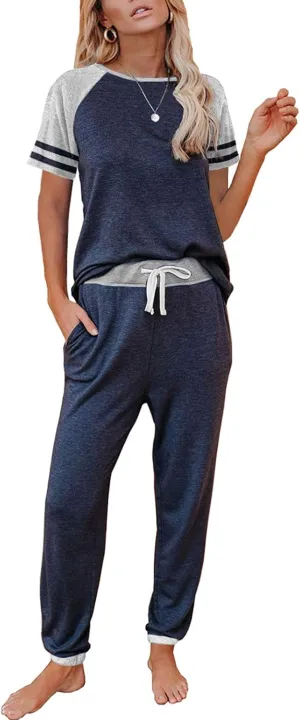 AUTOMET Lounge Sets For Women Two Piece Outfits Loungewear Short Sleeve Crewneck Jogger Pajama Set Sweatpants Tracksuit
